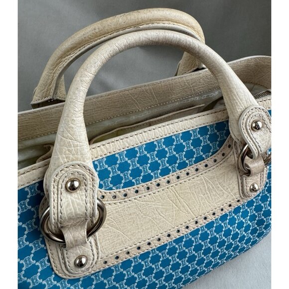 Céline Macadam Canvas Cream Leather Hand Bag Aquamarine Blue Purse - Picture 2 of 15